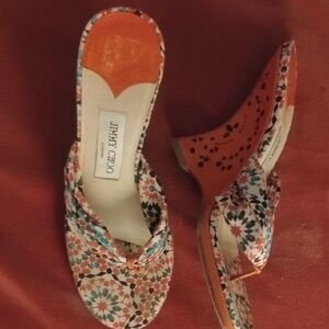 Jimmy Choo Wedge Sandals Fabric & Leather 37.5 7.5 Mint Uppers